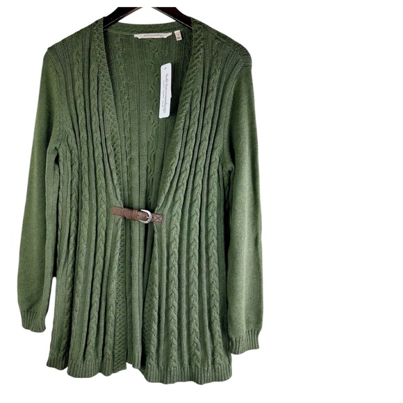 New Soft Surroundings Cardigan Sweater Sz Small Wren Cable Knit Green Buckle - Picture 2 of 6